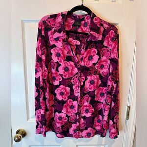 women’s XL Worthington Pink Black Button Up Long Sleeve Blouse Floral Bold Hot